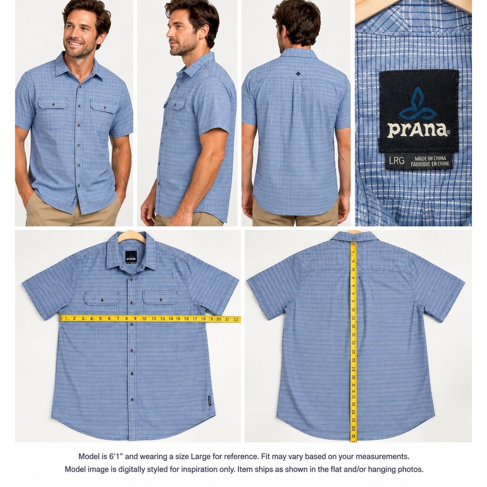 prAna Men's Large Blue Plaid Short Sleeve Button Up Shirt Outdoor Casual